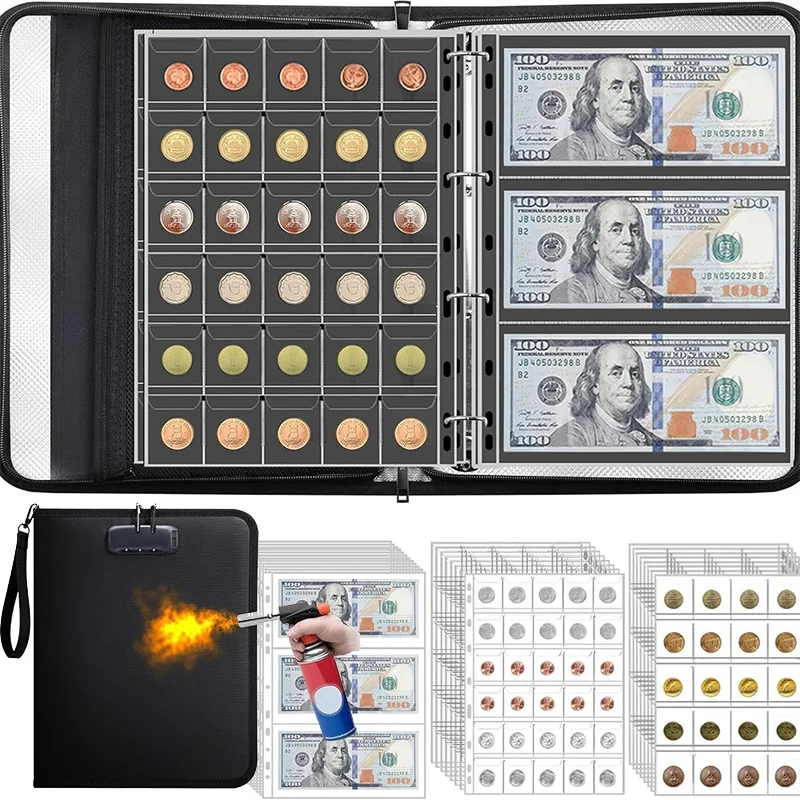 Coin Collection Album Fireproof Document Password Bag 12/18 Pages 36/400 Pockets Coin Money Storage Zipper Safety Organizer