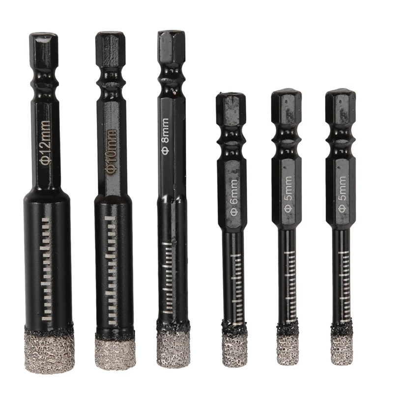 

6Pc Black Dry Diamond Drill Bits Set For Granite Ceramic Marble Tile Stone Glass Hard Materials 5/6/8/10/12Mm