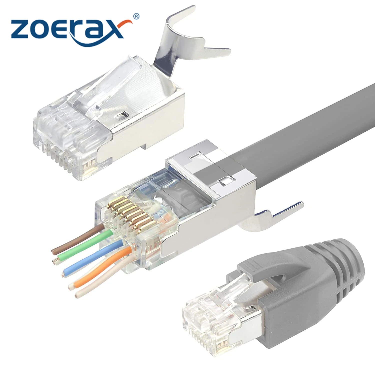 ZoeRax RJ45 Cat7 Cat6A Pass Through Connectors, 3-Prong 50μ Gold Plated Modular Plug Ethernet Ends with Strain Relief Boots