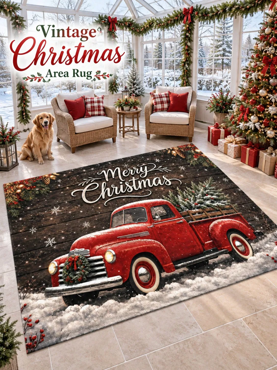Christmas Rug Pickup Truck Pine Trees Living Room Bedroom Lounge Hallway Floor Carpet Gift for Mom Dad Sisters Friends Winter Thanksgiving Birthday Anniversary Housewarming Apartment Cottage Home Styling Sofa Side Reading Nook Holiday Gathering