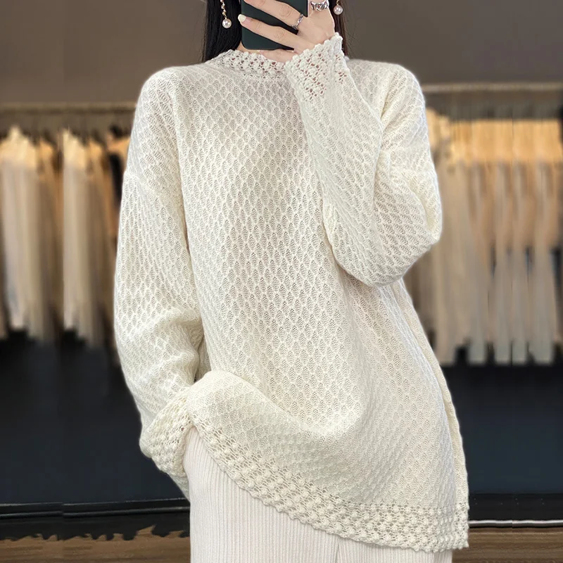 Knitted Cashmere Sweater for Female, Round Neck, Loose Sweater, Heavy Industry Embroidery, New Fashion, Autumn and Winter