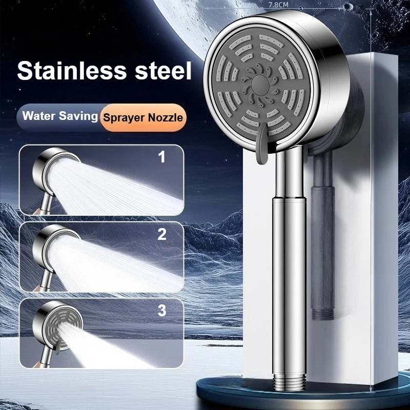 

Регулируемая ручная насадка для душа с 3 режимами, аксессуары для ванной комнаты, нержавеющая сталь, высокое давление, экономия воды, дождевая форсунка