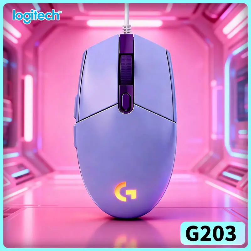 Logitech G203 wired gaming mouse steady button actuation lifespan tunable RGB glow anti‑slip base USB desktop pc