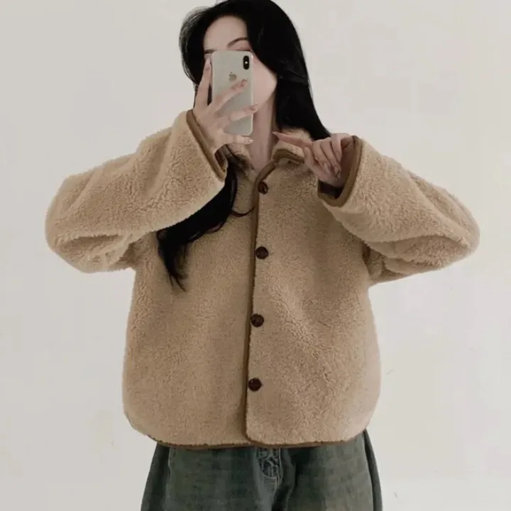 معطف نسائي أنيق غير رسمي فضفاض طويل Sve من فرو الضأن الكوري Sle للخريف والشتاء متعدد الاستخدامات للتخسيس اللون بياقة Blo... #2