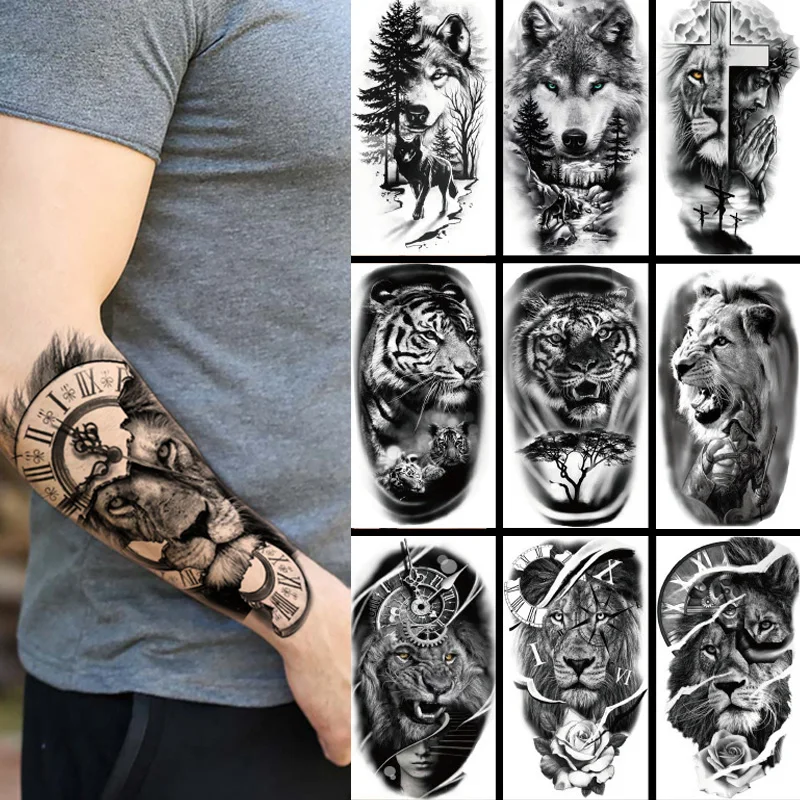 Waterdichte Tijdelijke Tattoo Sticker Bos Grote Tijger Leeuw Wolf Koning Body Arm Hand Cool Art Zwart Dier Mannen Vrouwen Nep tattoos