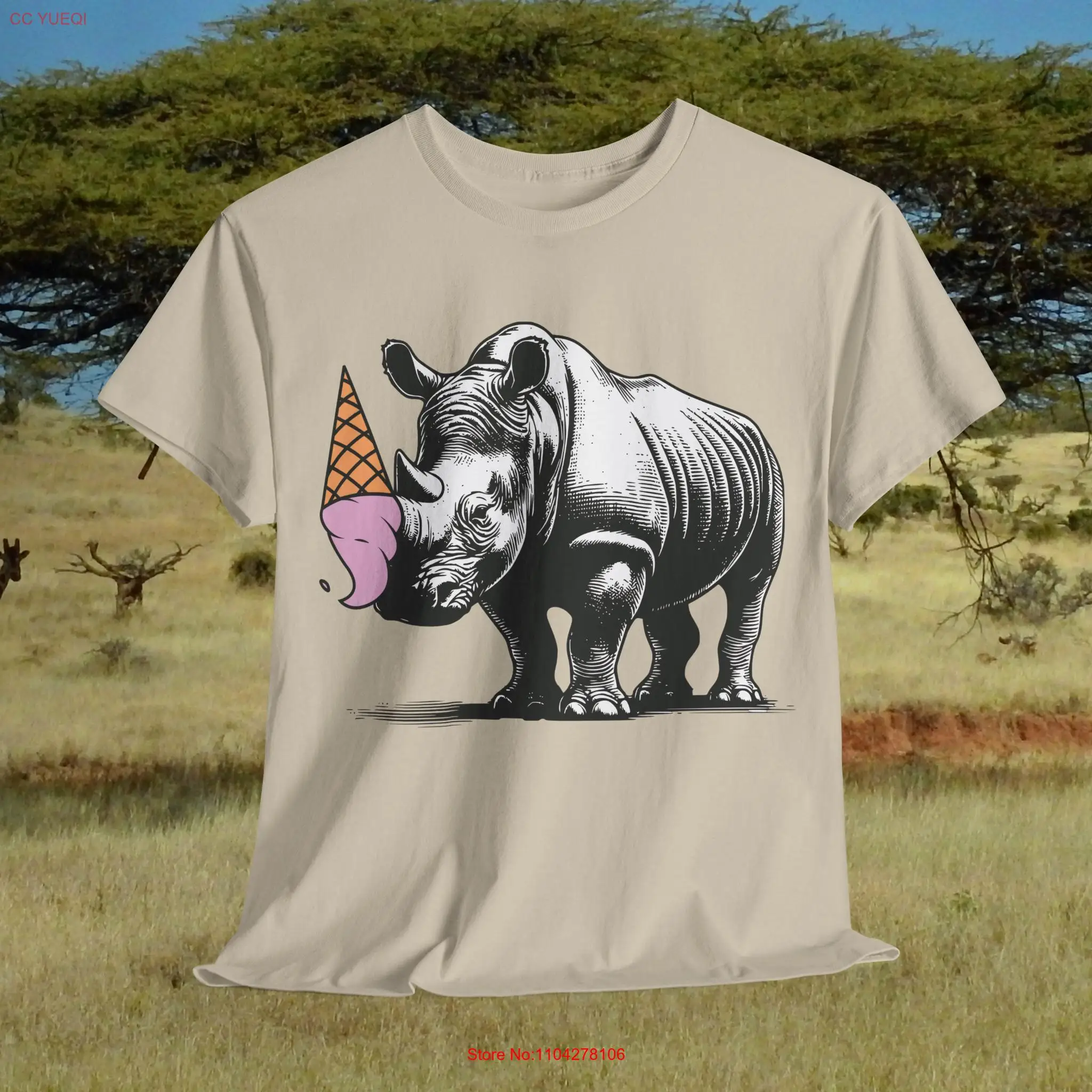 

T shirt rhino and ice cream cone vintage style humor rhinoceros long or short sleeves