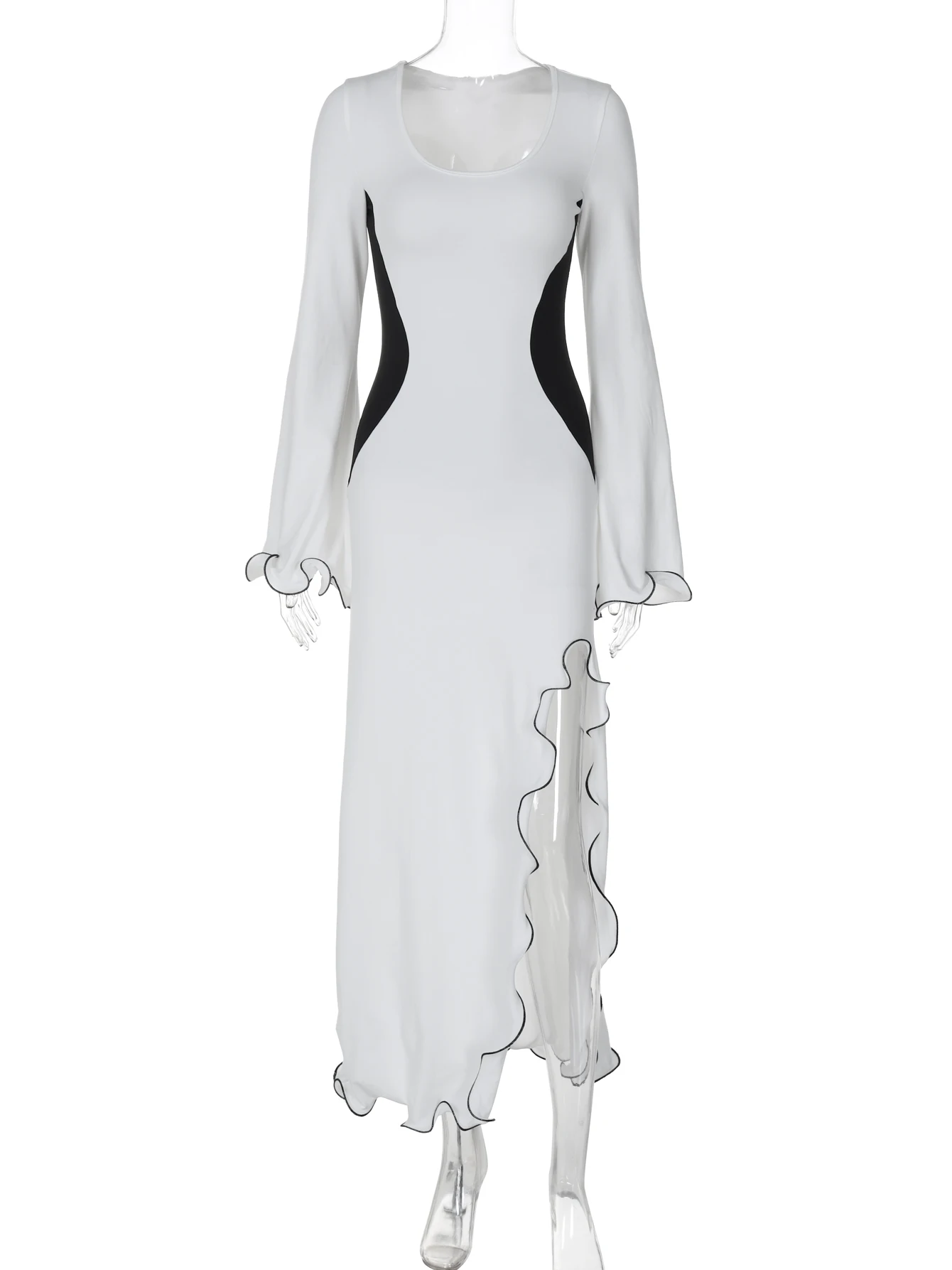 Hugcitar Fashion Color Block Long Sleeve Ruffles Slit Sexy Slim Maxi Prom Dress Fall Women Y2K Outfits Evening Party Vacation