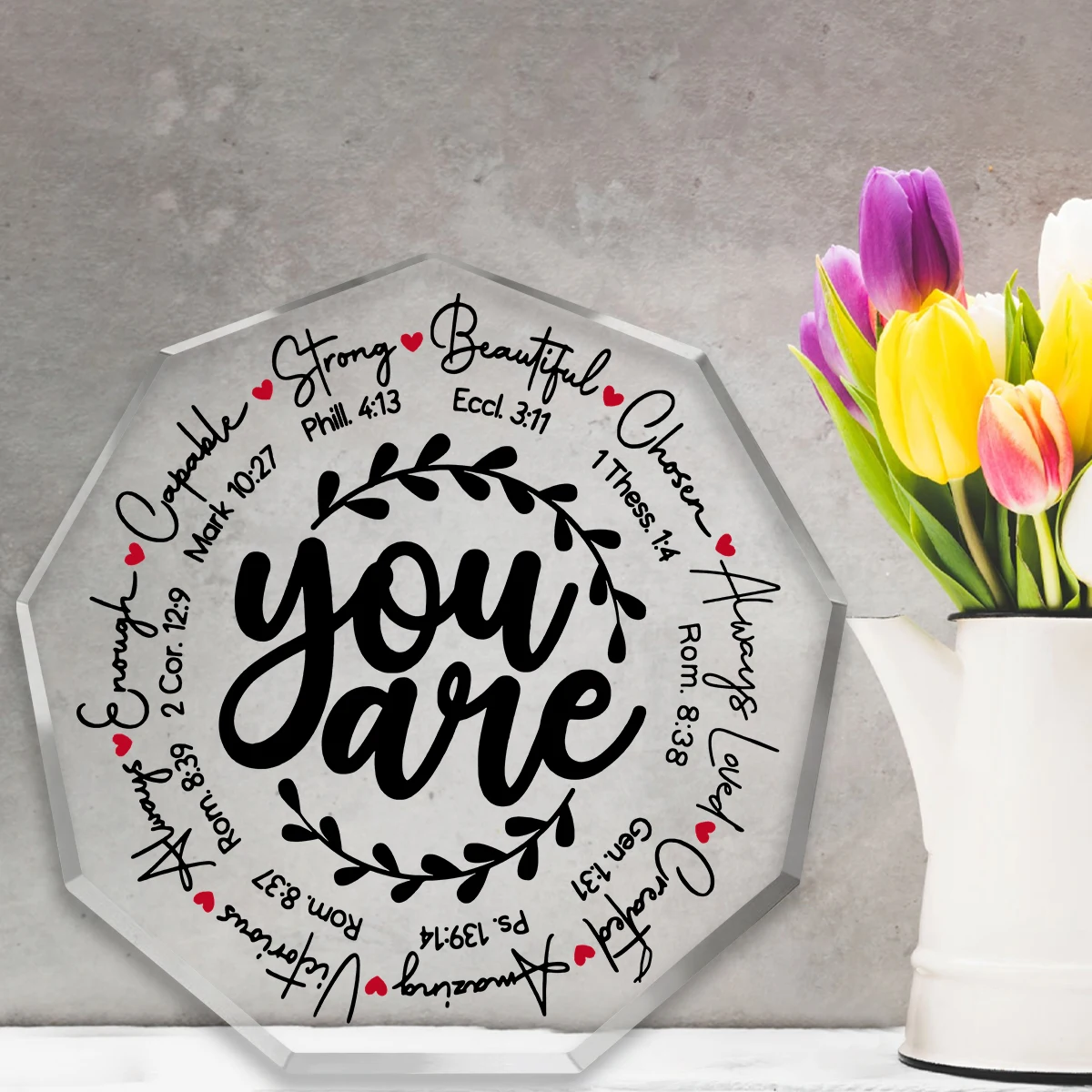 Nonagon Acrylic Plaque - Christian Desk Decor for Home Chapel, Bible Verse Display, Religious Gifts
