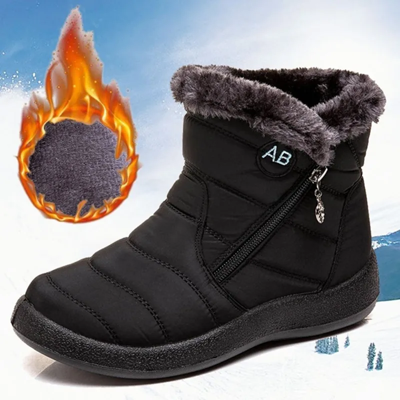 Women Black Waterproof Snow Boots Side Zipper Design Fuzzy Plush Lined Non Slip Sole Warm Outdoor Winter Ankle Booties