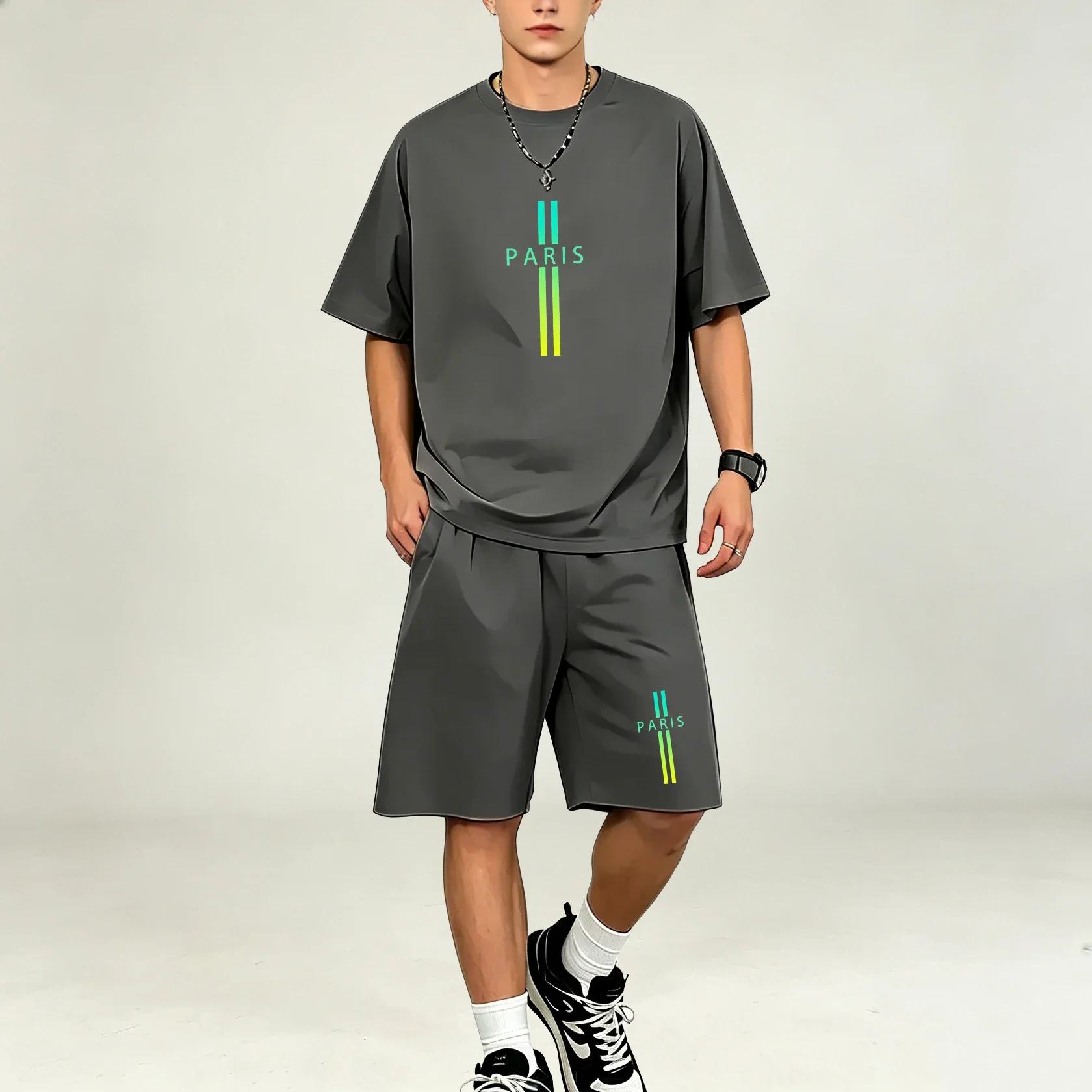 Nuevos conjuntos de camisetas para hombre, camiseta deportiva de manga corta de secado rápido de dos piezas, pantalones cortos de entrenamiento sueltos, transpirables que absorben la humedad para hombre