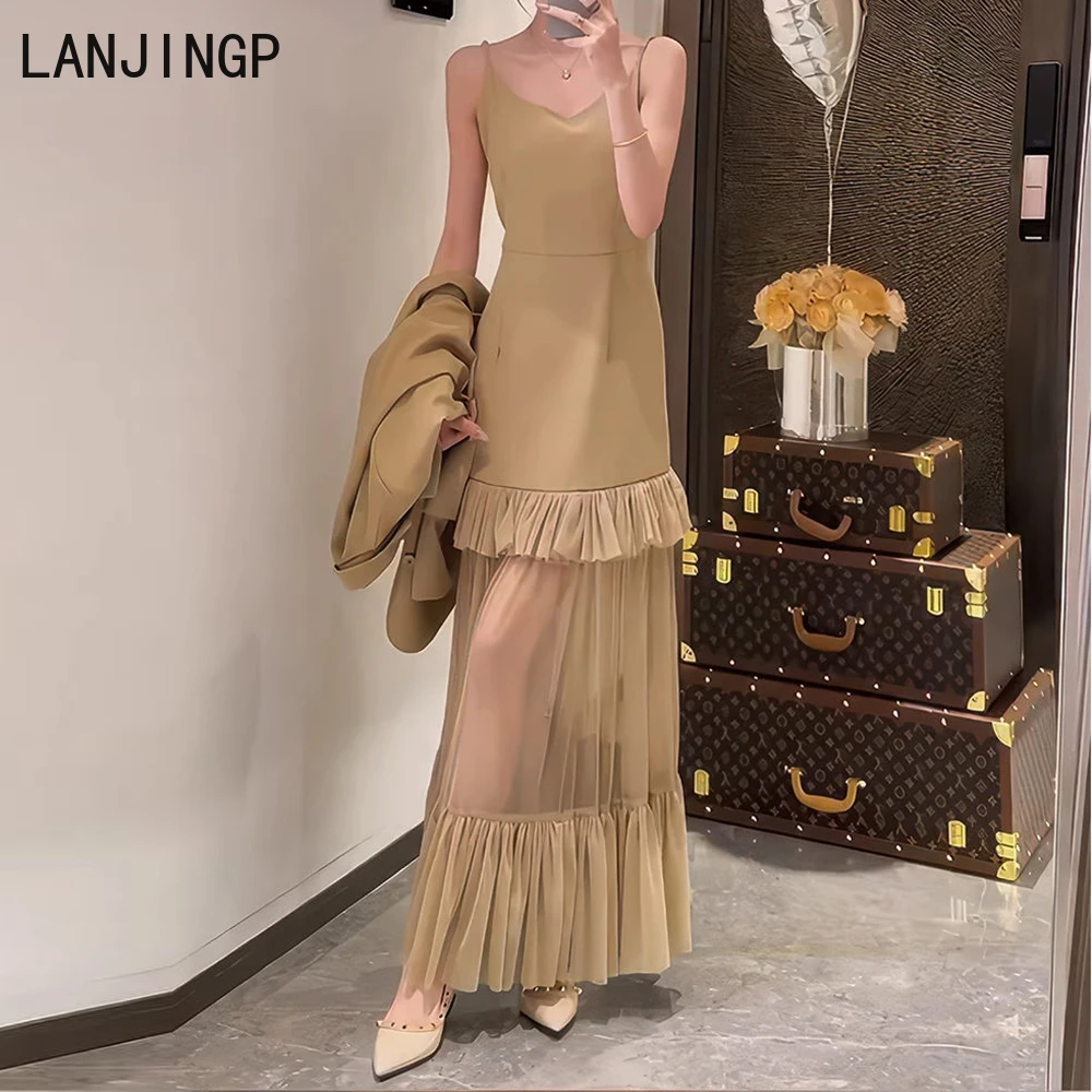 

advanced temperament blazer mesh stitching ruffle edge suspender dress two-piece set vintage dress