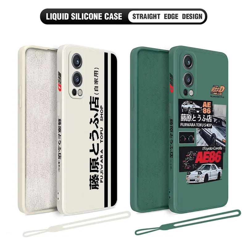 AE86 Anime Initial D Phone Case for Oneplus Nord 2 9R 9 8T 8 7 7T Pro 6 5G Liquid Silicone Cover with Hand Strap