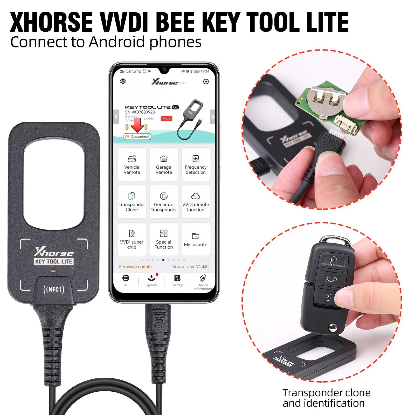 For Xhorse VVDI BEE Key Tool Lite Frequency Detection Transponder Clone XKB520EN Wire Key Android Super Chip 4D4C Key Programmer