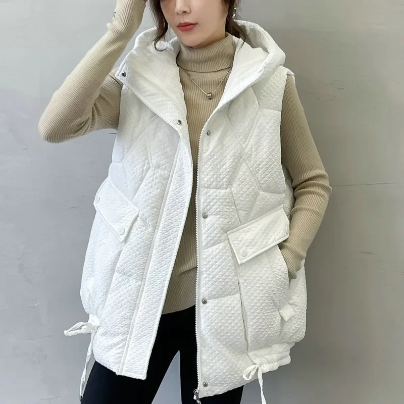 

2023 New Autumn Winter Women's Vest Jacket Down Cotton Vest All-match Hooded Sleeveless Loose Female Waistcoat Outwear Tops