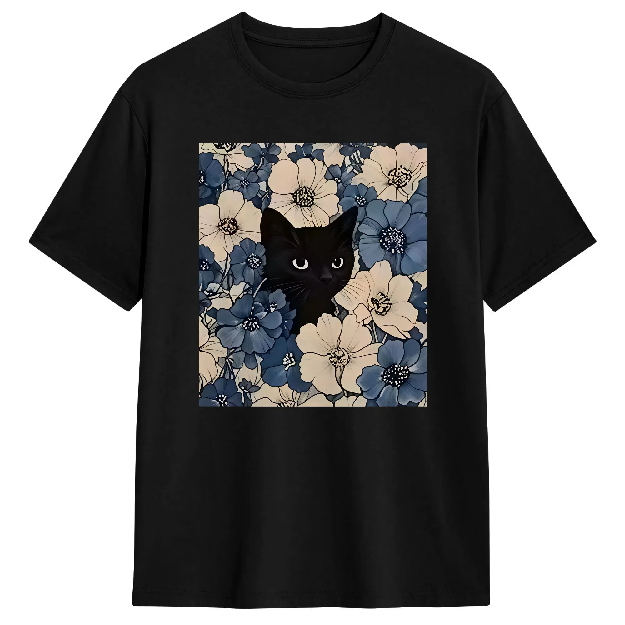 Men Black Cat Hidden In Blue Beige Floral Art T Shirts Cotton Tops Summer Streetwear Short-Sleeved T Shirt O-Neck Popular Tshirt