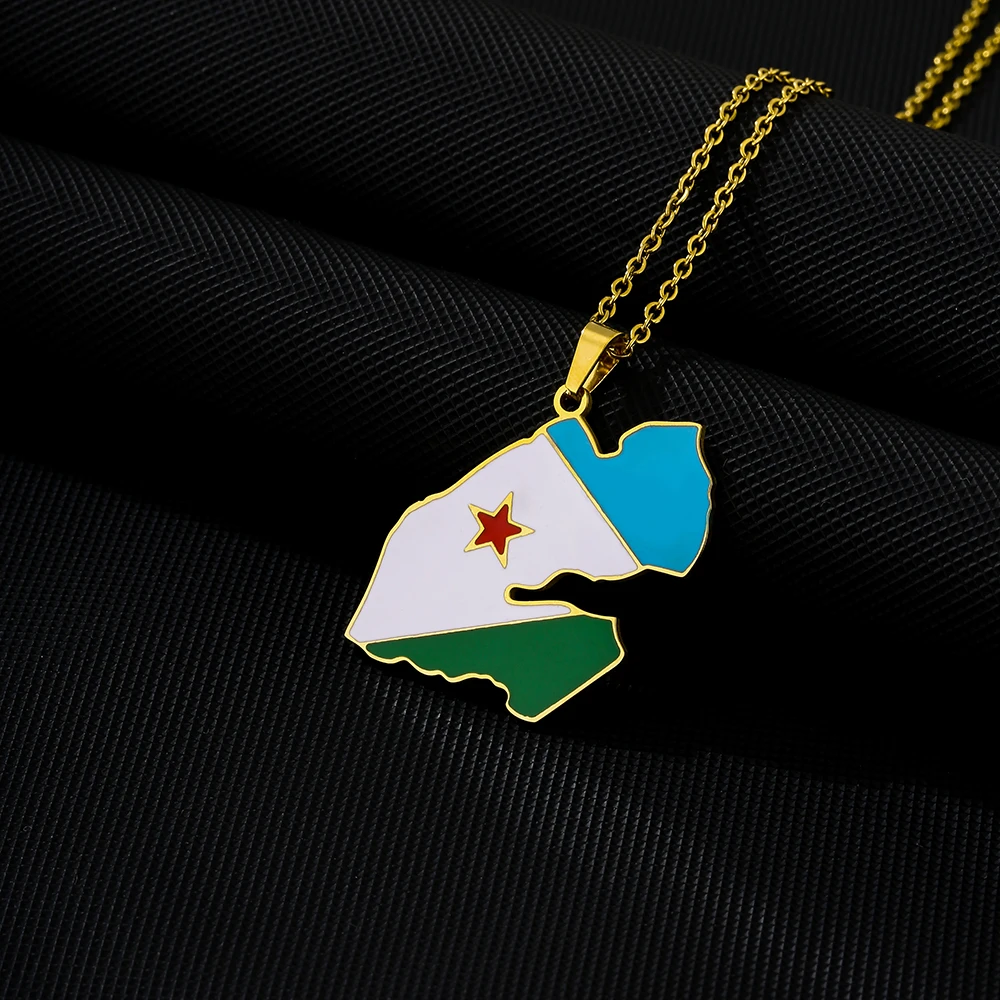 Fashion African Djibouti Map Flag Pendant Necklace Stainless Steel Men Women جمهوريه جيبوتي Maps Jewelry Gift