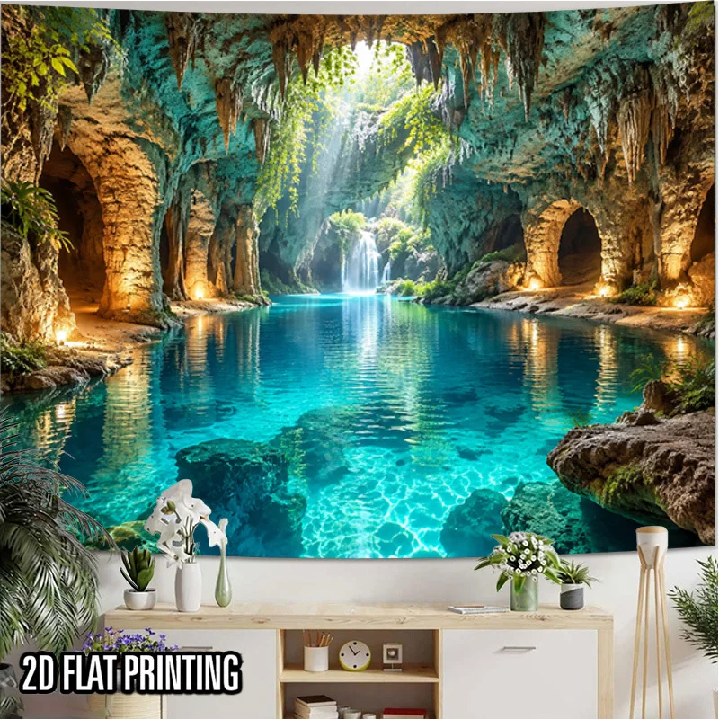 Magic Cave Tapestry, Underground Turquoise Lake Waterfall Sunbeam Stalactite Vine Nature Print Wall Hanging for Bedroom Dorm