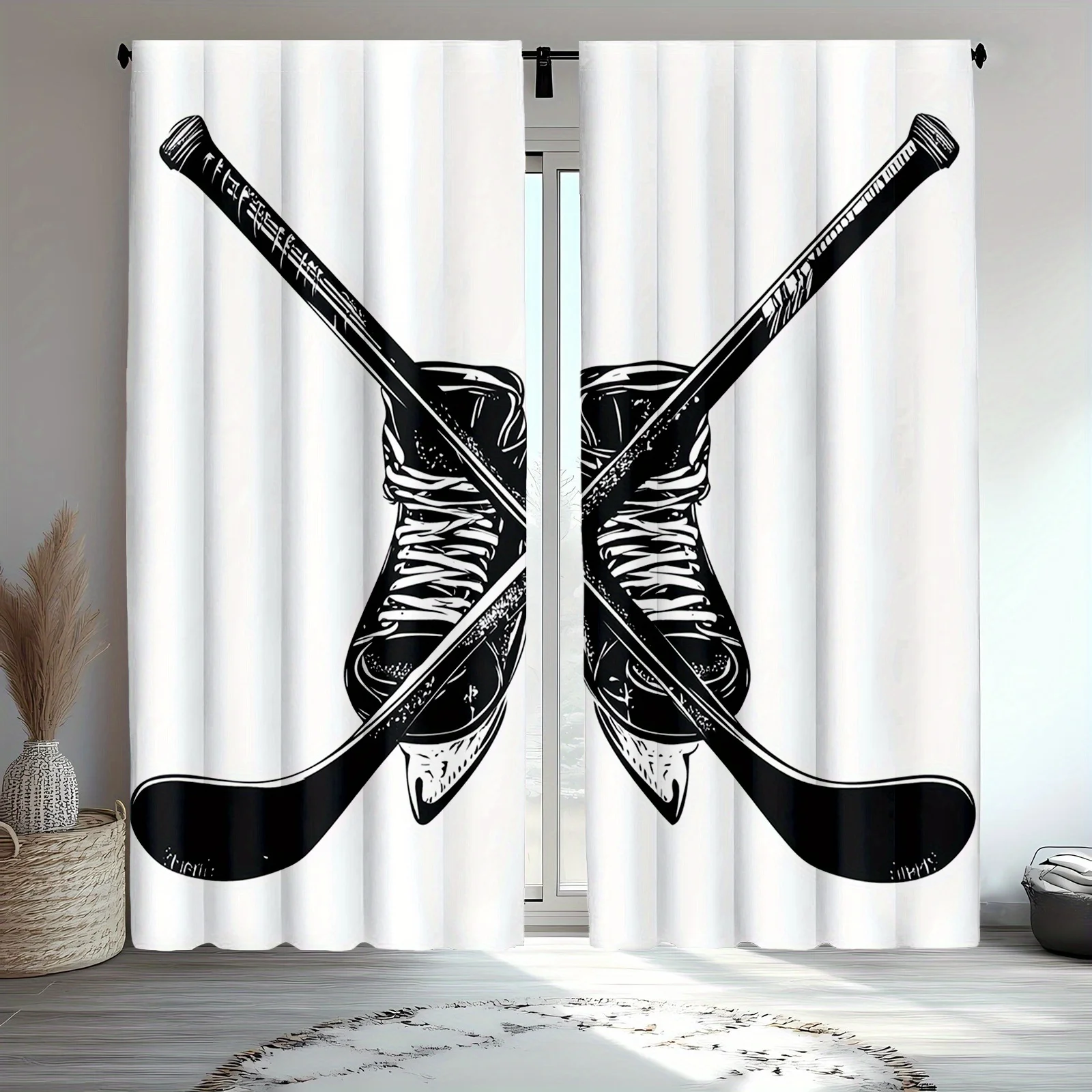 Ice Hockey Stick Skates Curtains, Black White Sports Equipment Print Blackout Drapes for Boys Room, Winter Game Home Decor