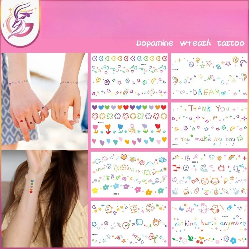 Dopamine Color Floral Wreath Tattoo Stickers Vibrant Heart Flower Designs Cute Temporary Tattoos for Wrist Finger Festival Party
