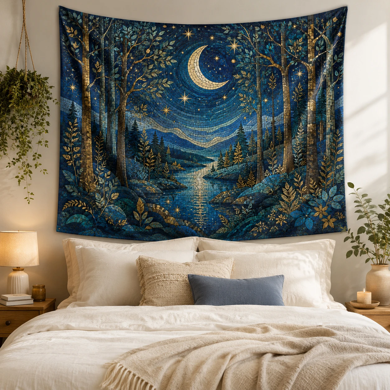 Moon Forest Tapestry Boho Starry Night Woodland Lake Wall Hanging for Bedroom Living Room Dorm Home