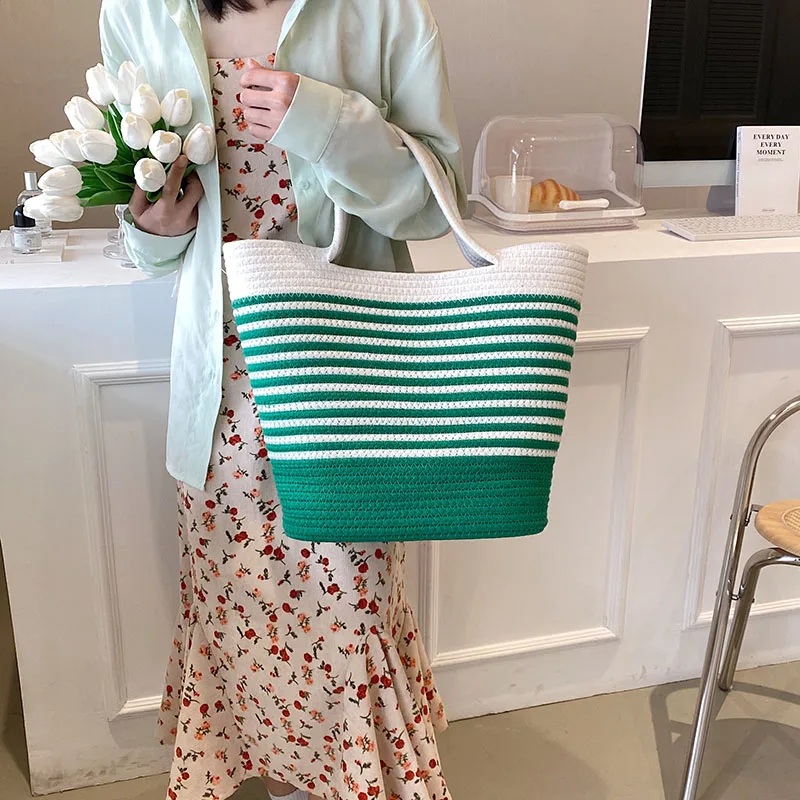 New Cotton Woven handbag for Women Handmade Cotton Ladies  Large Capacity Shopper Bag Summer Braid Beach bag Female Travel Tote