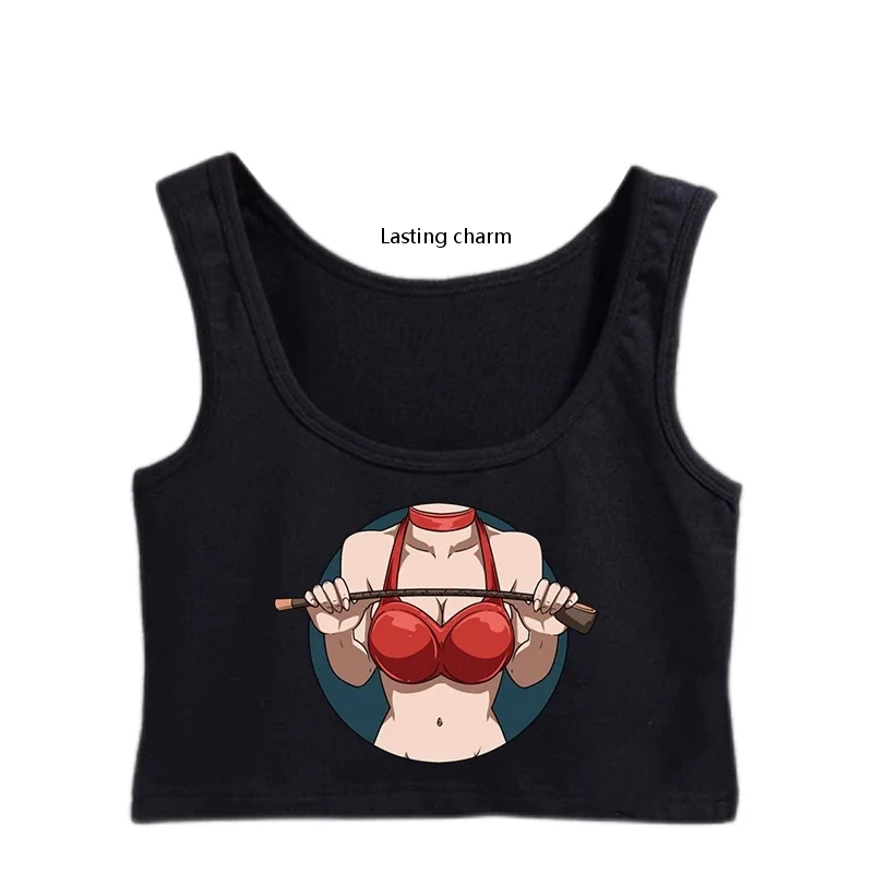 Lasting Charm Dominatrix With Whip Role Playing Design Crop Top Girl's Sexy Slim Fit Tank Top Personalized Customizable Camisole