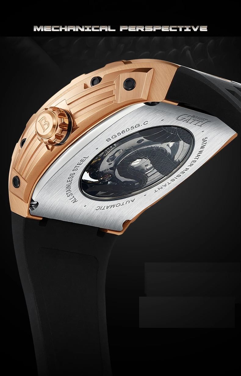 BONEST GATTI Men Automatic Watch 43*50mm Tonneau Mechanical Wristwatch Sapphire Luminous Dragon Dial Fluororubber Strap