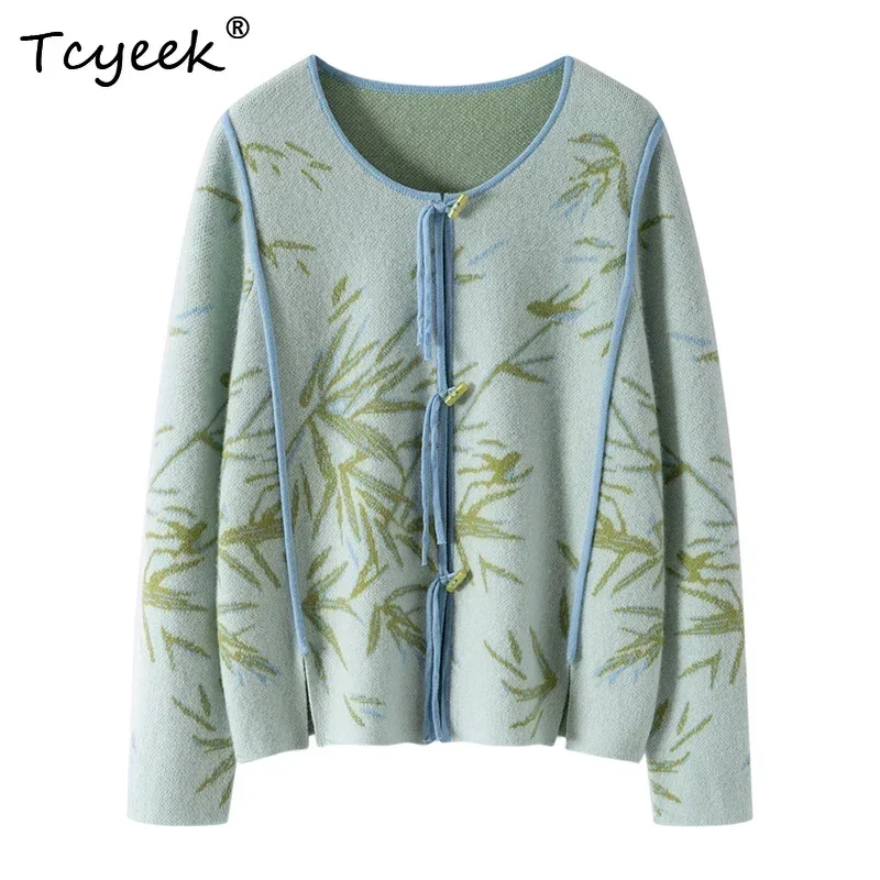 New Chinese Style Women's Suite Cardigan Skirt 100% Cashmere Sweater Clothes Winter Warm Knit Set Two Piece Elegant Dress Bamboo