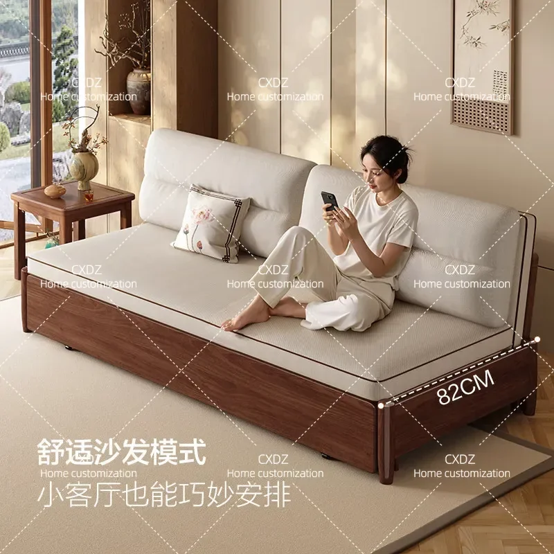 Solid Wood Folding Sofa Bed Black Walnut Push Pull Dual Purpose Arhat Bed Living Room Storage Retractable Bed Aesthetic