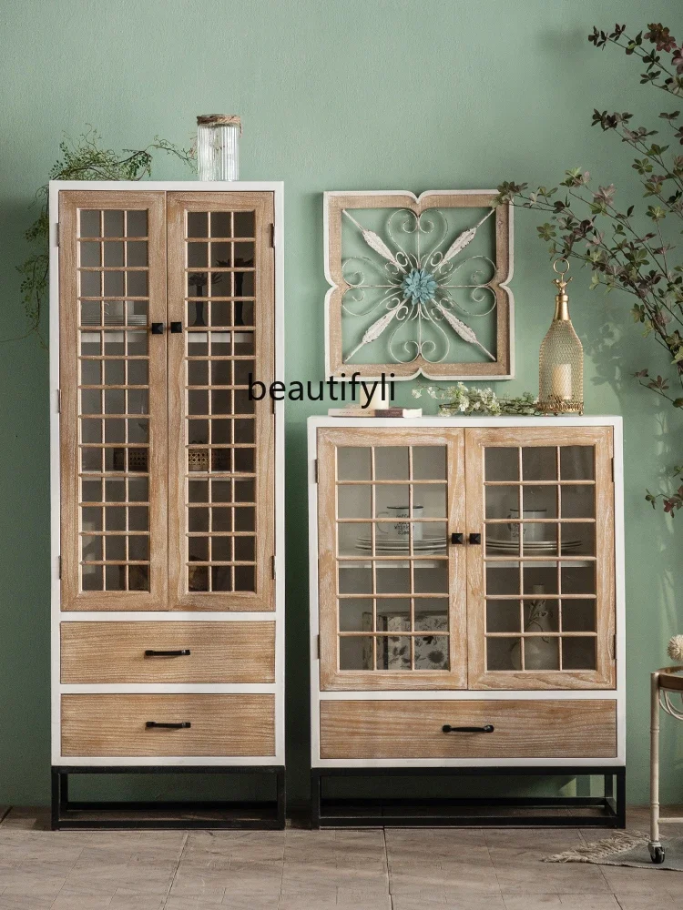 

07French Retro Sideboard Cabinet Solid Wood Glass Wine Cabinet Living Room Wall Clothes Closet Storage Cabinet
