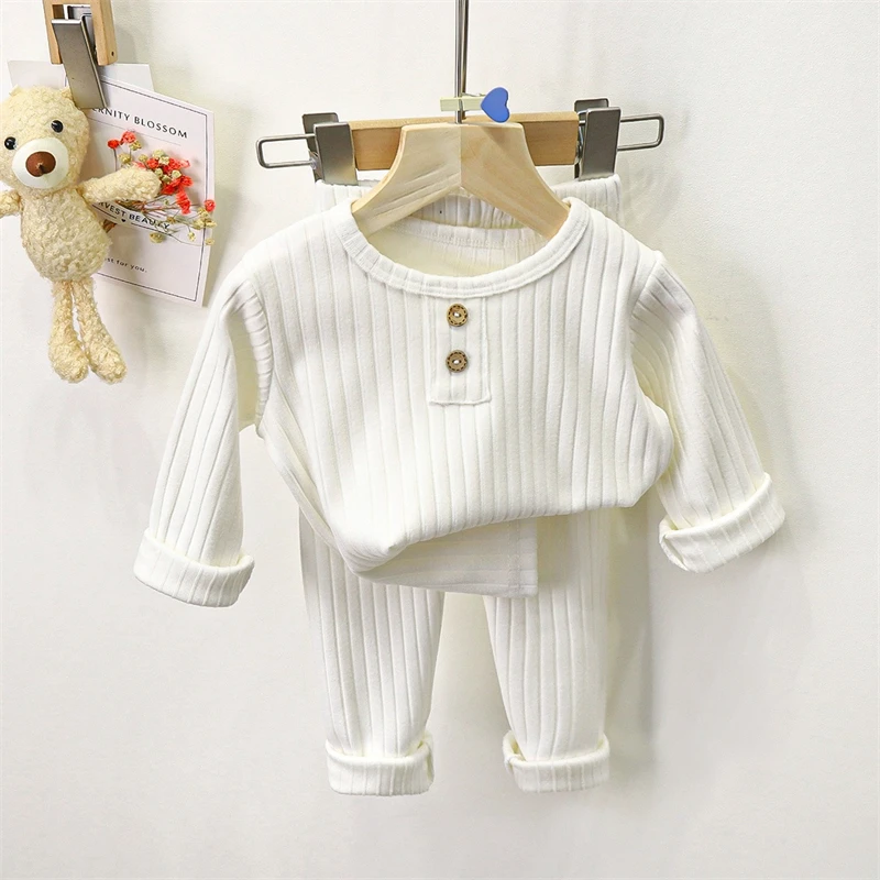 Kids Thermal Fleece Pajama Set Baby Boys Girls Ribbed Long Sleeve Top+Pants 2Pcs Autumn Winter Warm Homewear Sleepwear Outfit