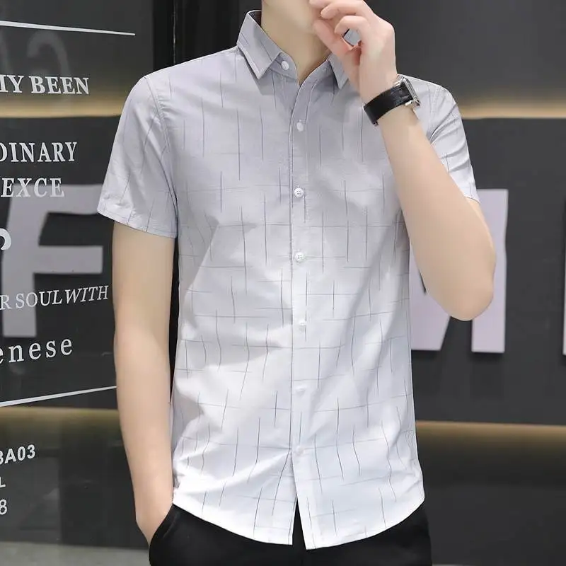 Summer Men's Ultra-Thin Short Sleeve Shirt Ice Silk Gradient Color Square Collar Versatile Handsome Clothing for Daily Use