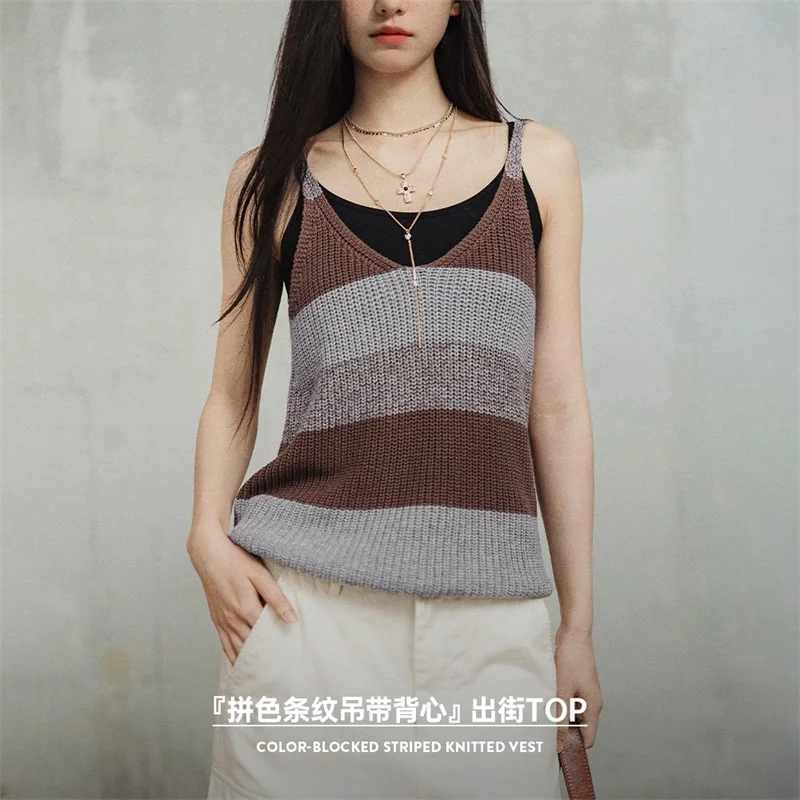 Maden Vintage Striped Camisole Women Summer Loose Color-blocked V-Neck Vest Cotton Knit Sleeveless Top Medium Elasticity Tank