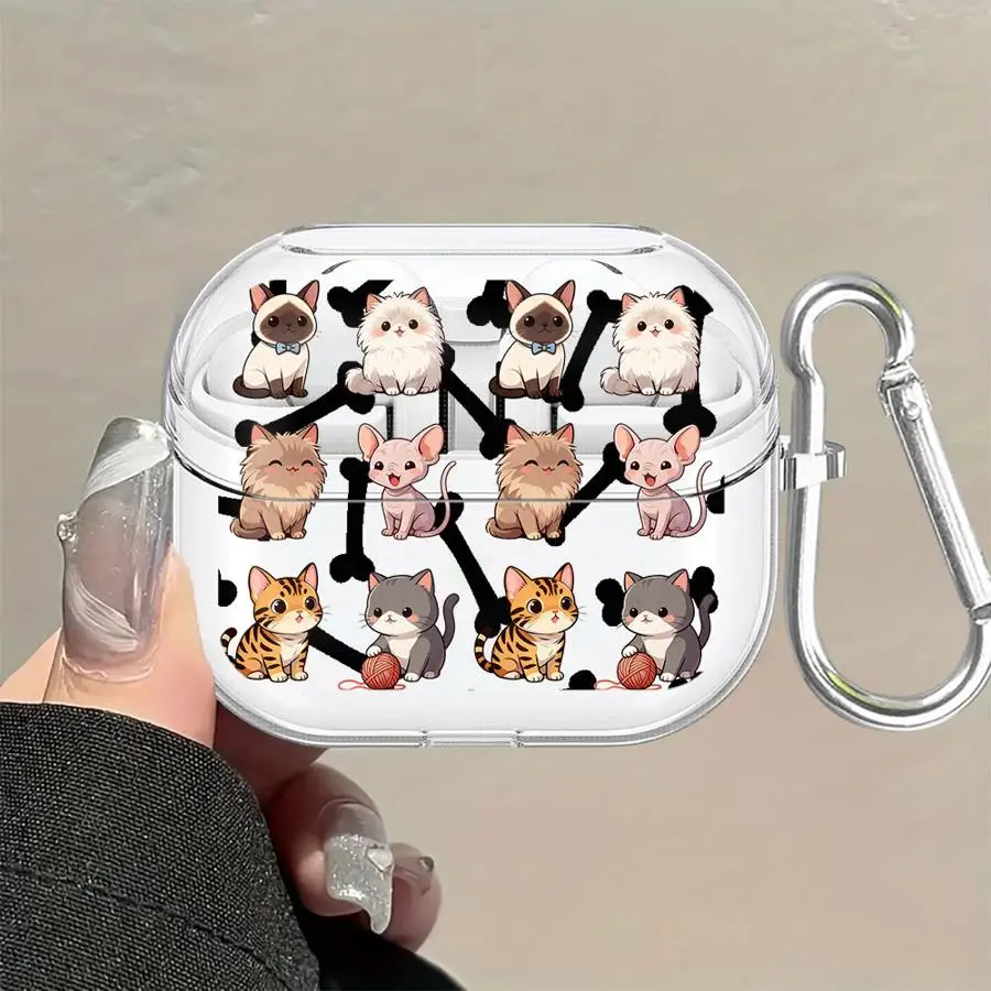 Cute Cat Squad Art Case For Samsung Galaxy Buds 4 Pro 3Pro 2Pro 2 Live 4Pro 3 FE Clear Earphone Cases Cover With Hook