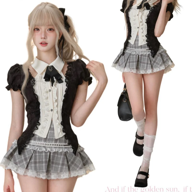 Japanese Kawaii Sweet Elegant New 2 Piece Set Women Lace Up Vintage Kawaii Sets Female Y2k Princess Mini Skirts Suit Summer 2024