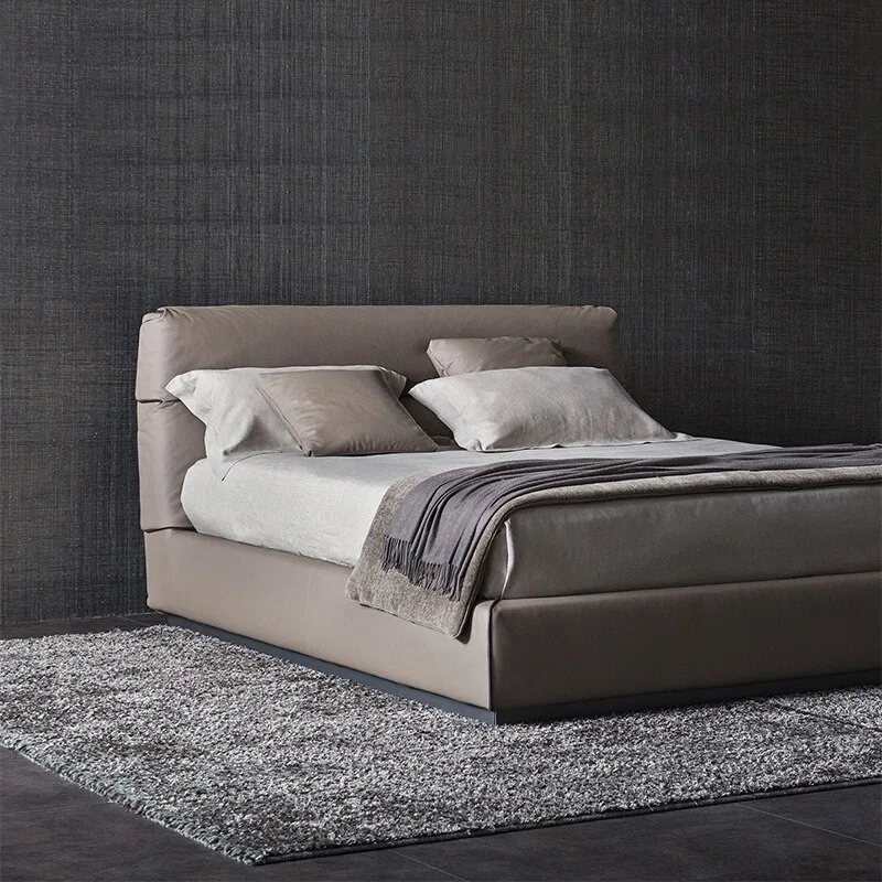 Italian minimalist master bedroom leather queen bed, villa large flat floor with flat edges 1.8 meters double bed