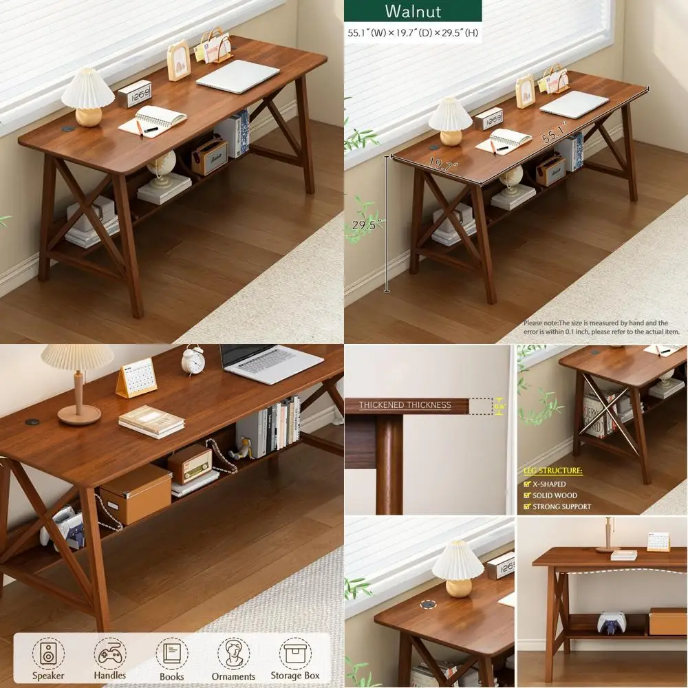 مكتب خشبي طويل جدًا مع رف كتب - طاولة دراسة للعمل في المكتب المنزلي، محطة عمل للكتابة مع رف تخزين من خشب الجوز