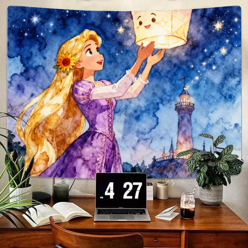 

1PC Rapunzel Tangled Princess Tapestry, Watercolor Starry Night Floating Lantern Wall Art, Polyester Bedroom Dorm Decor Gift for