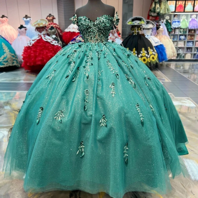 

Emerald Green Shiny Princess Quinceanera Dress Ball Gown Off Shoulder Crystals Flowers Pageant Sweet 15 Party Dress vestidos de