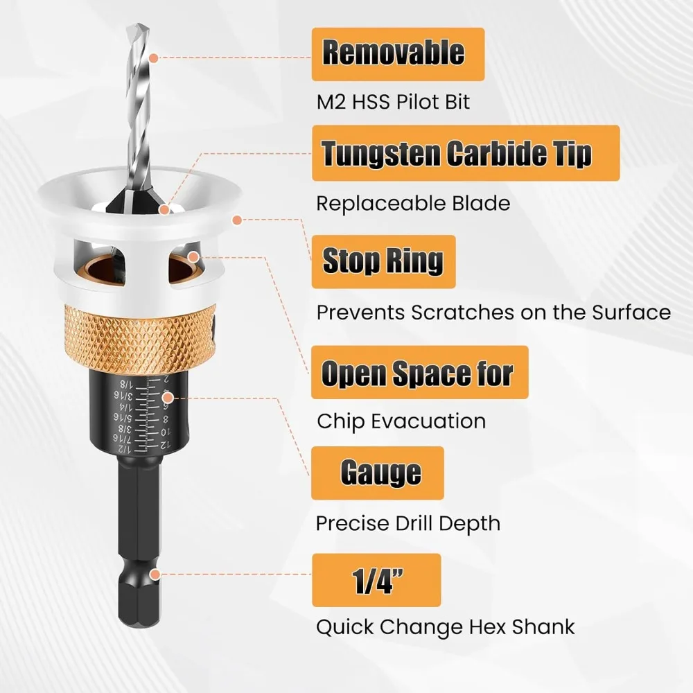 Countersink Drill Bit with Low Friction Depth Stop, Replaceable HSS M2 Tapered Bits 82° Counter Sink Drill Bit for Wood Plywood