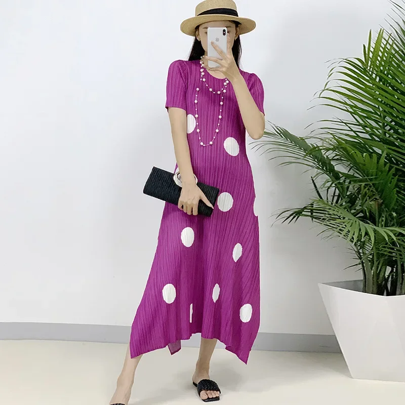 

Miyake Pleated Polka Dot Long Dress Women's 2024 New Loose Casual Versatile Slim Pleated Dress Women's Skirt