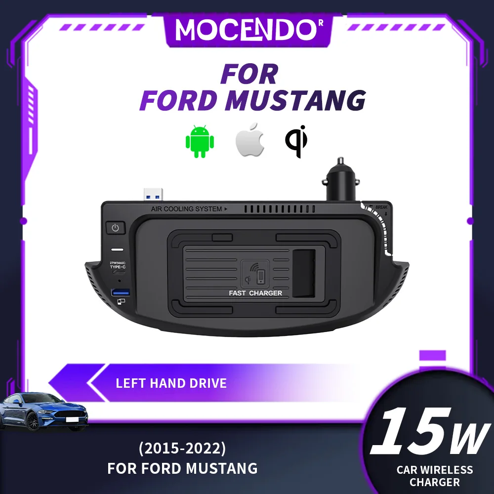 

Беспроводное зарядное устройство 15 Вт для Ford Mustang, умная консольная панель для моделей 2015-2022 годов, автомобильный аксессуар