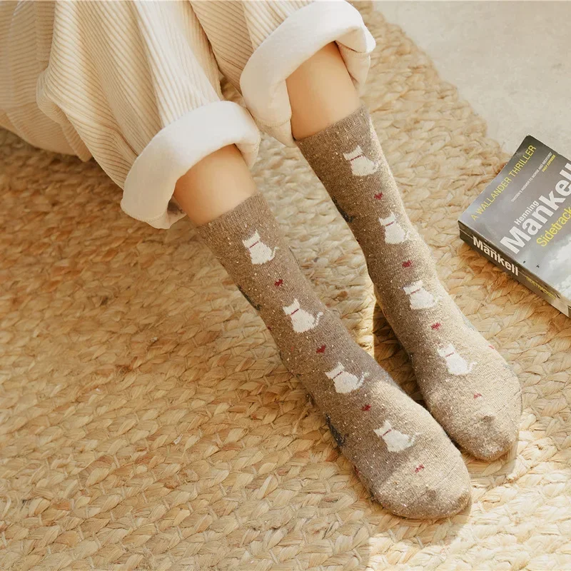 Harajuku Cute Cat Socks Women Middle Tube Wool Cartoon Sock Autumn and Winter Japanese Style Thicken Socks Outside Wear Носки