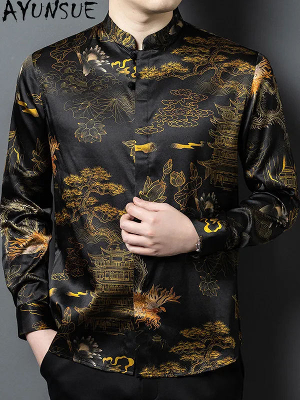 AYUNSUE Brand 90.8% Real Mulberry Silk Shirt for Men 2026 Fashion Spring Summer Long Sleeve Tops Stand Collar Printed Shirts Man