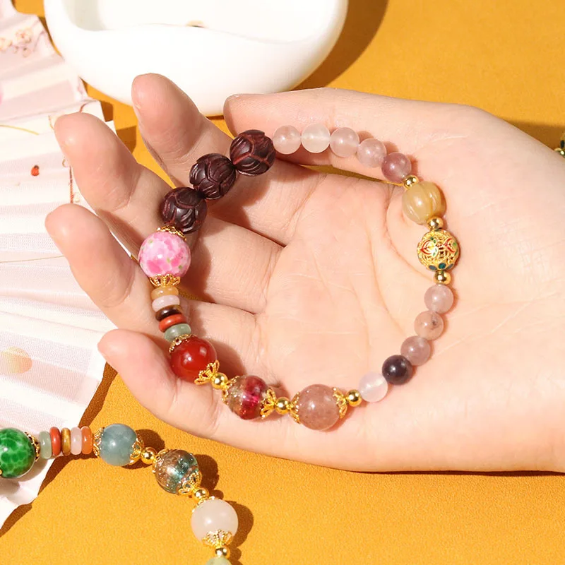 Gilded Fortune Turning Bracelet for Women with Rosewood Gold Silk Jade Glass Multi Treasure Buddhist Beads Gifts