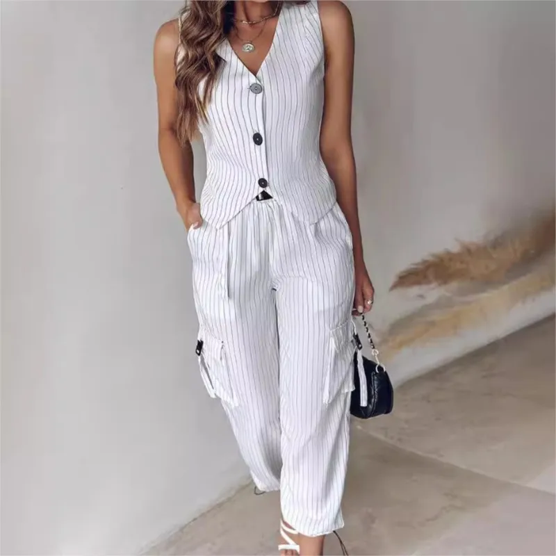 

White Striped Vest Suit For Women Summer Casual V-neck Button Top Pocket Loose Pants Outfits Two-piece Suit For Women Elegant