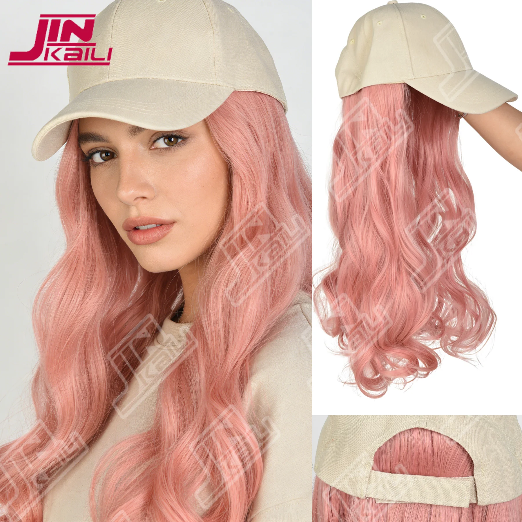 Hat wig one-piece women's beige duckbill hat pink curly wave roll European and American fashion 20 inch wig hat