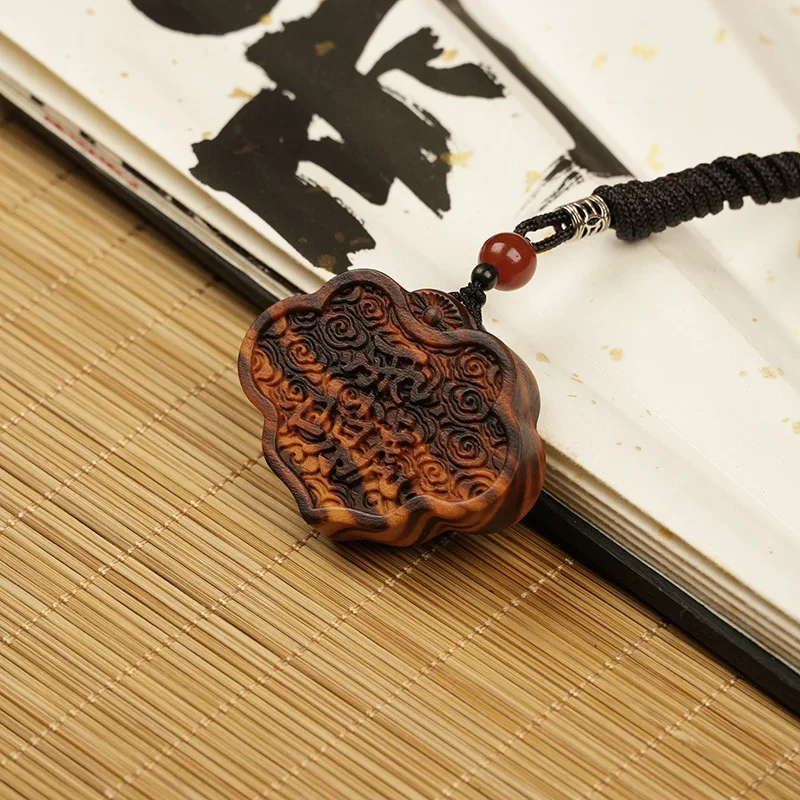 Chinese Style Hand Carved Thunder Struck Peach Wood Longevity Lock Pendant Auspicious Blessing Amulet Necklace Car Hanger For
