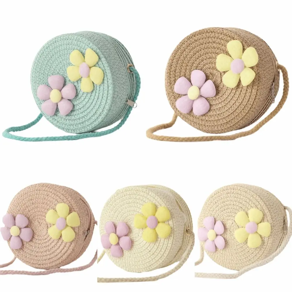 Small Round Straw Shoulder Bags Woven Design Cute Flower Children's Bag Zero Wallet Diagonal Cross Kids Coin Purse