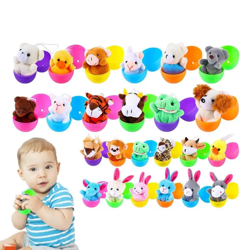 24Pcs Novelty Easter Filled Surprise Egg With Animal Finger Mini Animal Plush Toy Set Cute Stuffed Carnival Prizes for Kids